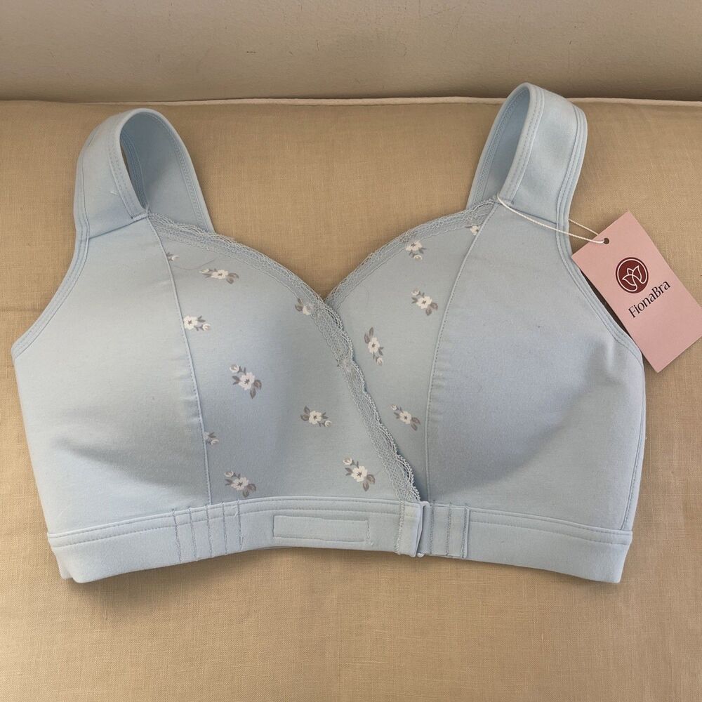 NWT FIONABRA Front Closure Padded Wirefree Comfy Size L Baby Blue Floral BRA